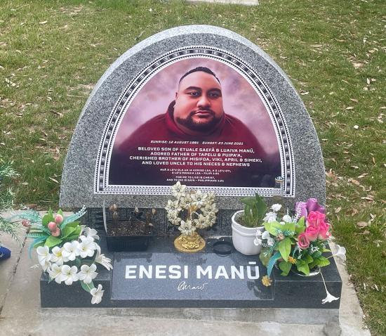 Custom rounded upright headstone with big ceramic photo, crafted from grey granite by Mark Memorials in Levin, New Zealand