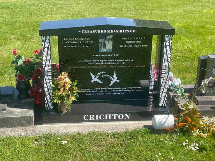Custom temple memorial for two people, with traditional pacifica design. By Mark Memorials in Levin, New Zealand