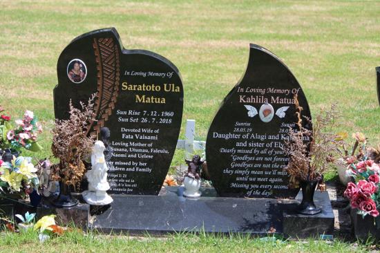 Custom upright double headstones with pacifica engravings, crafted from polished granite by Mark Memorials in Levin, New Zealand